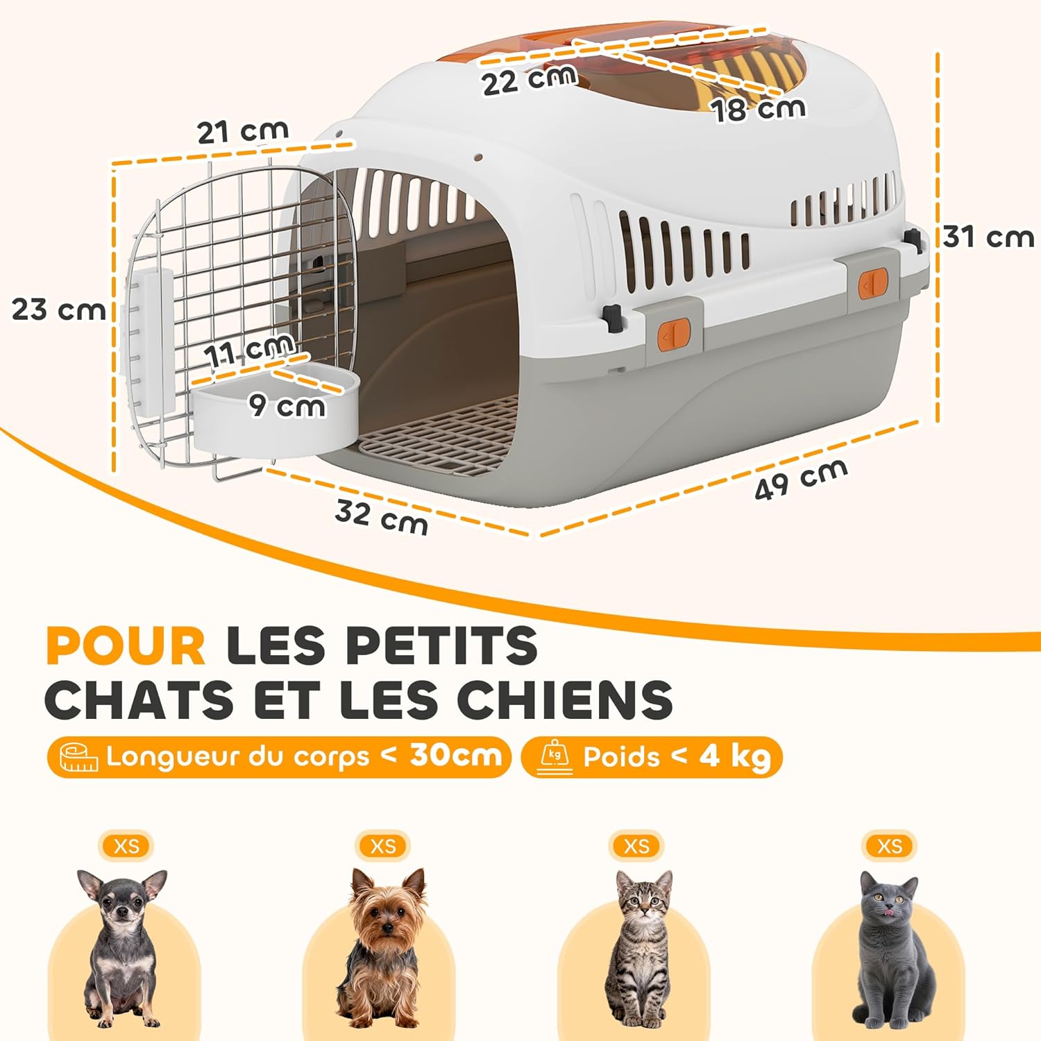Thumbnail 6 de PawHut Caisse de Transport pour Chat et Chien jusqu’à 4 kg – 49 x 32 x 31 cm, porte acier, bol suspendu et lavage facile