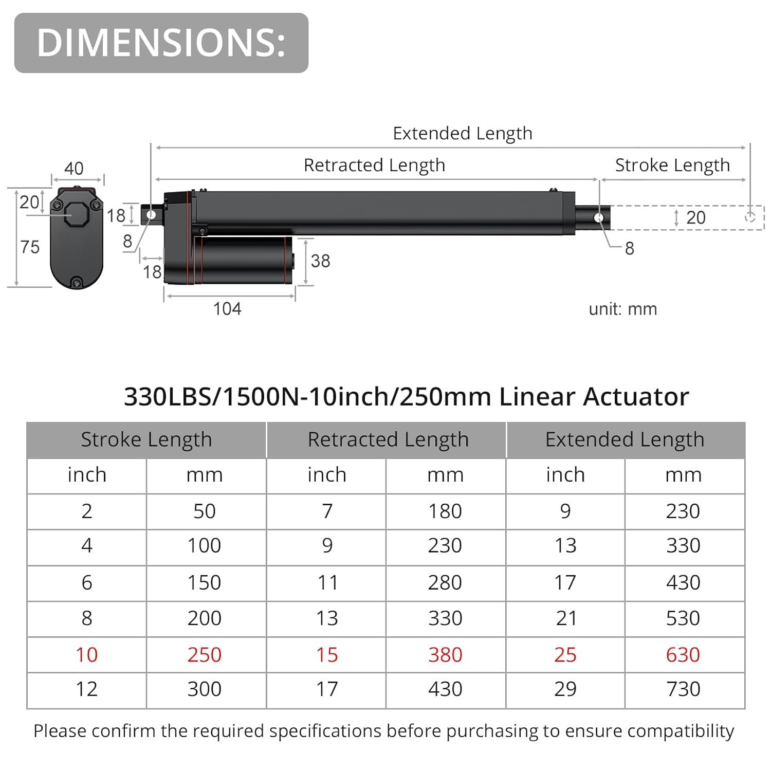 Detalle de Justech Heavy Duty DC 12V Linear Actuator Motor 250mm (3000N) with Mounting Brackets – Black