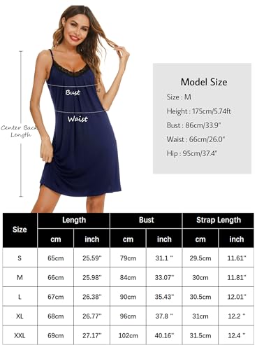 Detalle de Lovasy Camisón de Mujer Verano con Encaje en V, Tirantes Ajustables y Modal Suave – Azul Marino, talla L