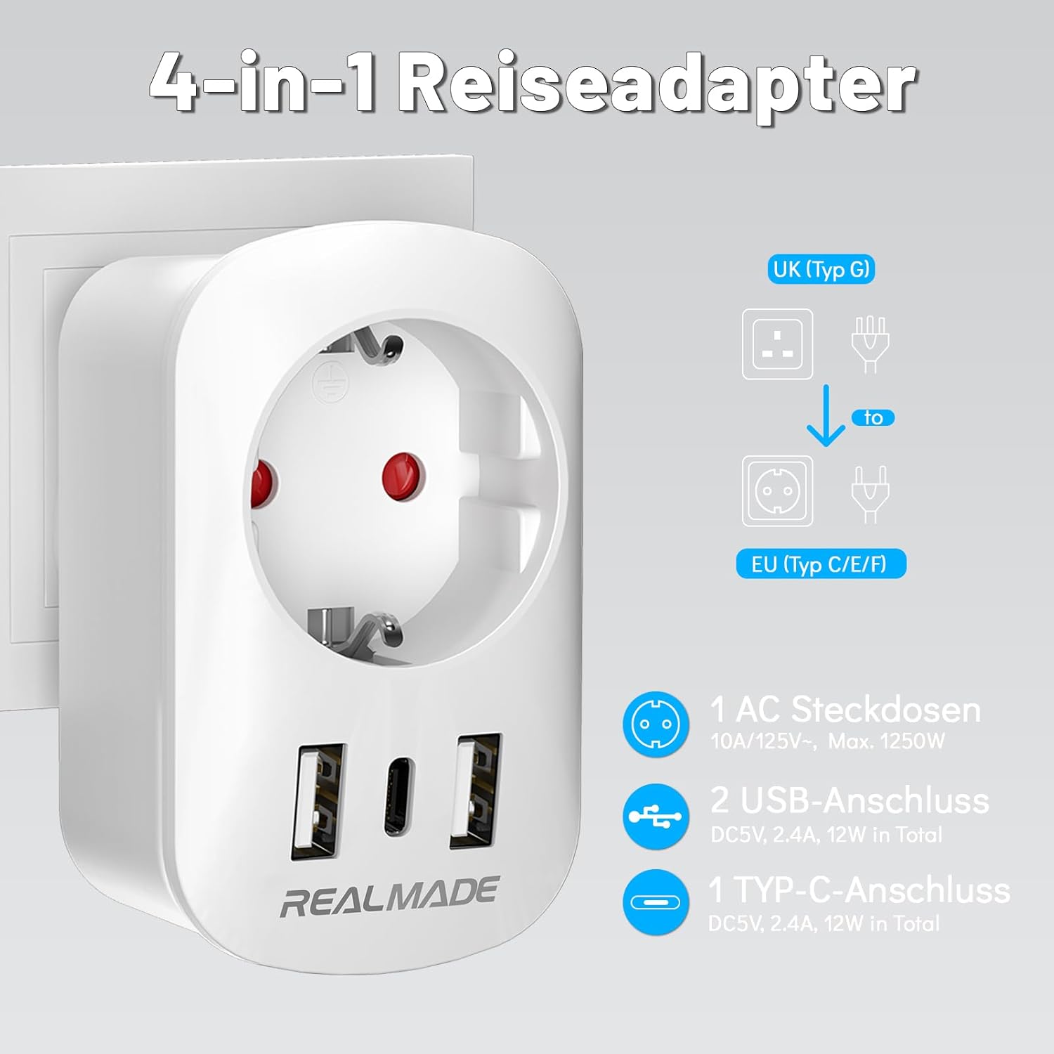 Thumbnail 1 de RealMade 2er Pack Reiseadapter USA (Typ E/F → Typ B) mit 2× USB-A und 1× USB-C