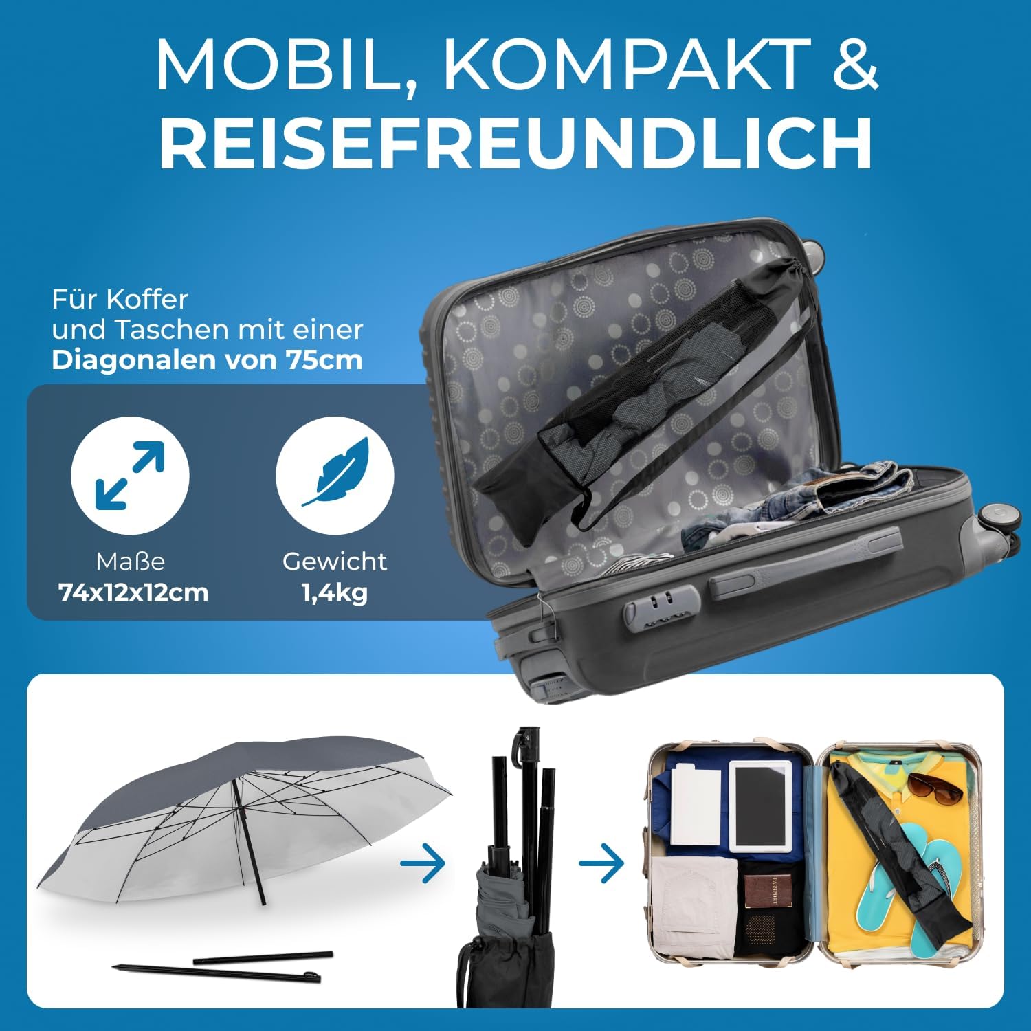 Detalle de STYNGARD Reise Sonnenschirm NIZZA – UV50+ Strandschirm, Ø155 cm, grau, kompakt mit Abspannleinen