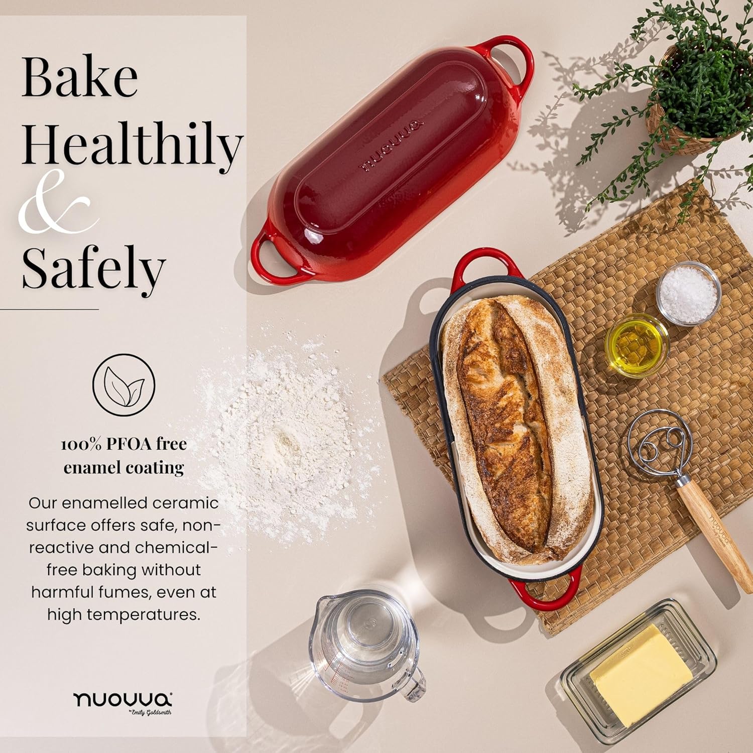 Thumbnail 4 de Nuovva enamelled cast iron bread loaf pot (rectangular red) – Dutch oven for sourdough, 32cm x 16cm