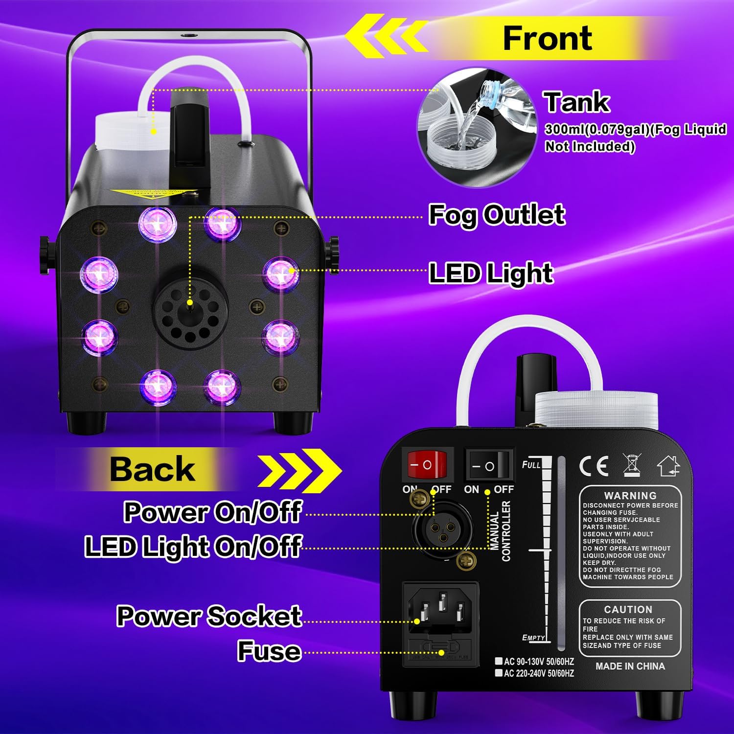 Thumbnail 6 de Mistmachine met 8 RGB-leds, 13 lichtkleuren, 500 W en afstandsbediening