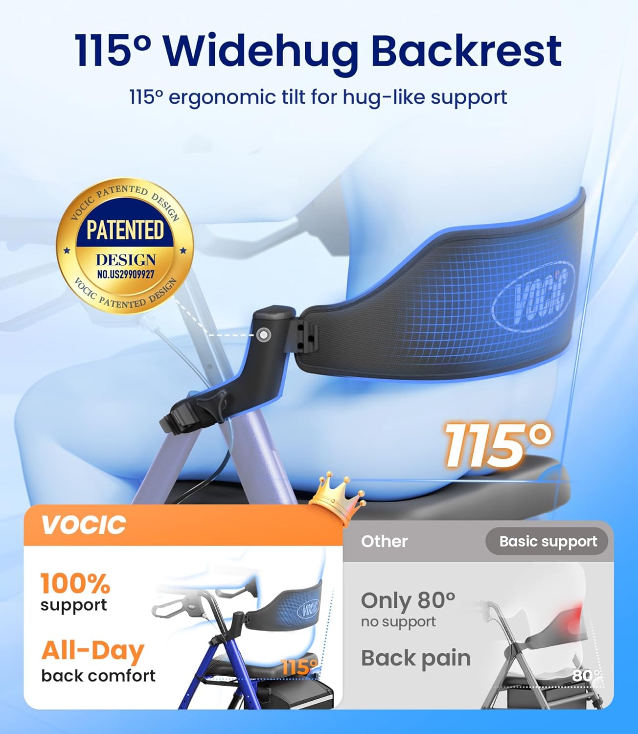Detalle de VOCIC Z21 Rollator Walker with Seat, Brakes, Bag & 20cm All-Terrain Wheels (Blue) – Adjustable Height Foldable Aid