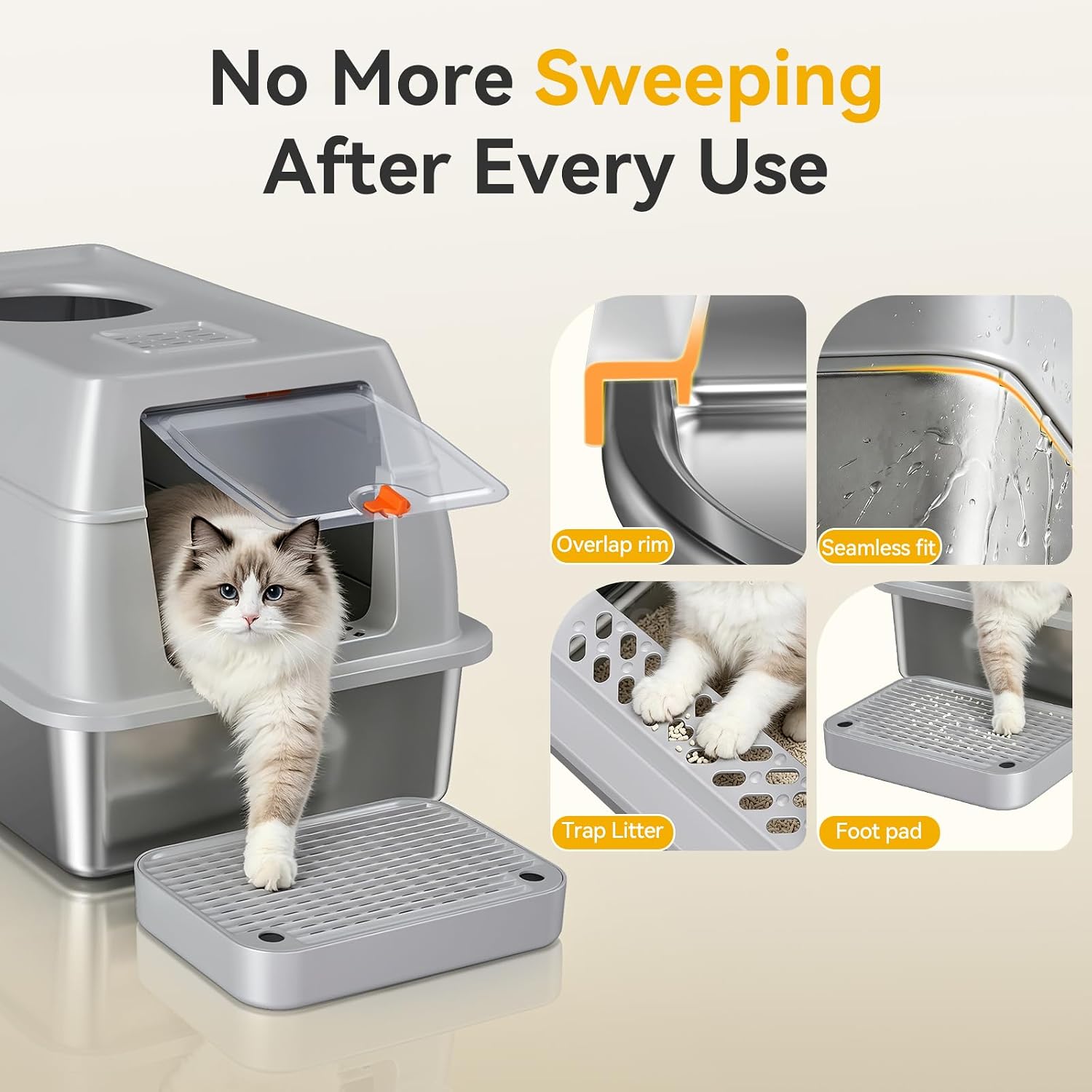 Detalle de Tevila Light Grey-1Pack XL Enclosed Stainless Steel Cat Litter Box