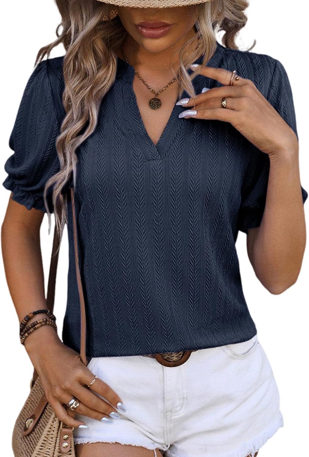 Thumbnail 6 de Dokotoo Damen Sommerbluse mit Puffärmeln und V-Ausschnitt (kurzarm)