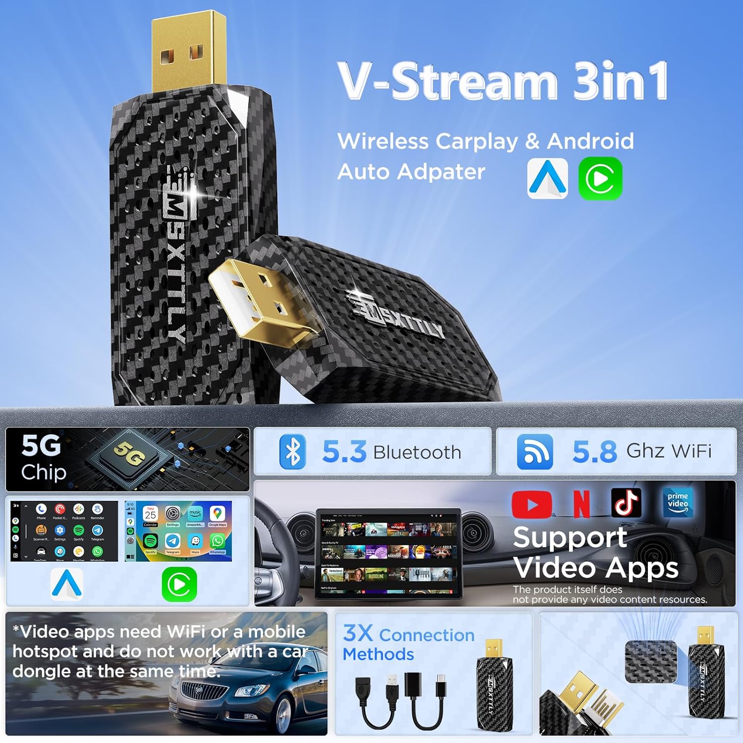 Detalle de MSXTTLY Sans Fil CarPlay & Android Auto Adaptateur 3-en-1 2026 — V-Stream compatible Netflix/Youtube