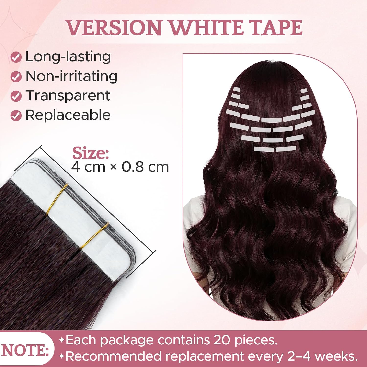 Detalle 2 de SEGO Extension Cheveux Adhésive Naturel Lisse Léger 20 Pièces 50 cm – Bande Blanche