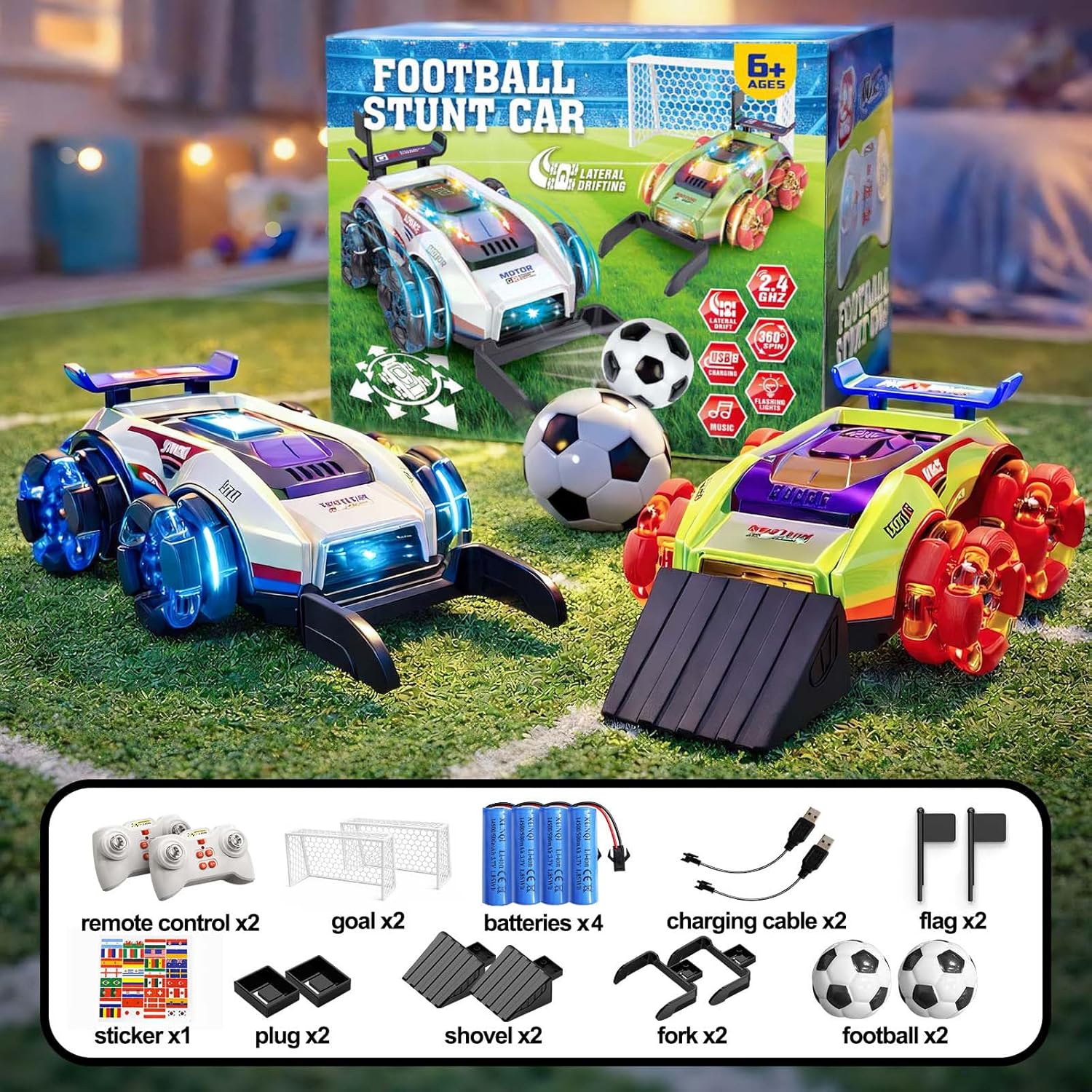 Thumbnail 6 de YESHIN Voiture de Football Télécommandée — Lot de 2 voitures RC avec LED, 360° et but inclus