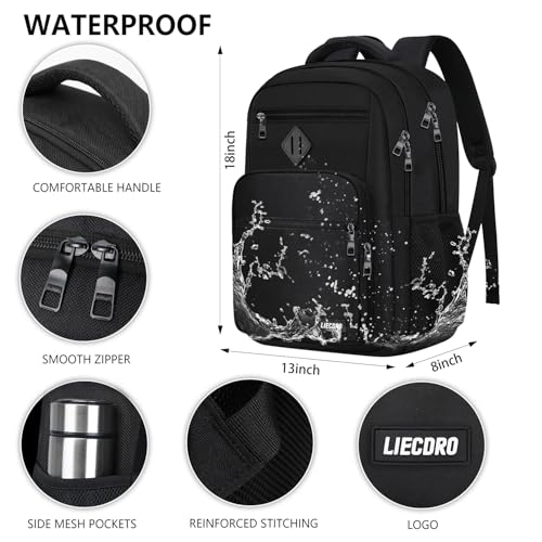 Detalle de LIECDRO Black Backpack for Men: 15.6-Inch Laptop Daypack for School, Work, and Travel