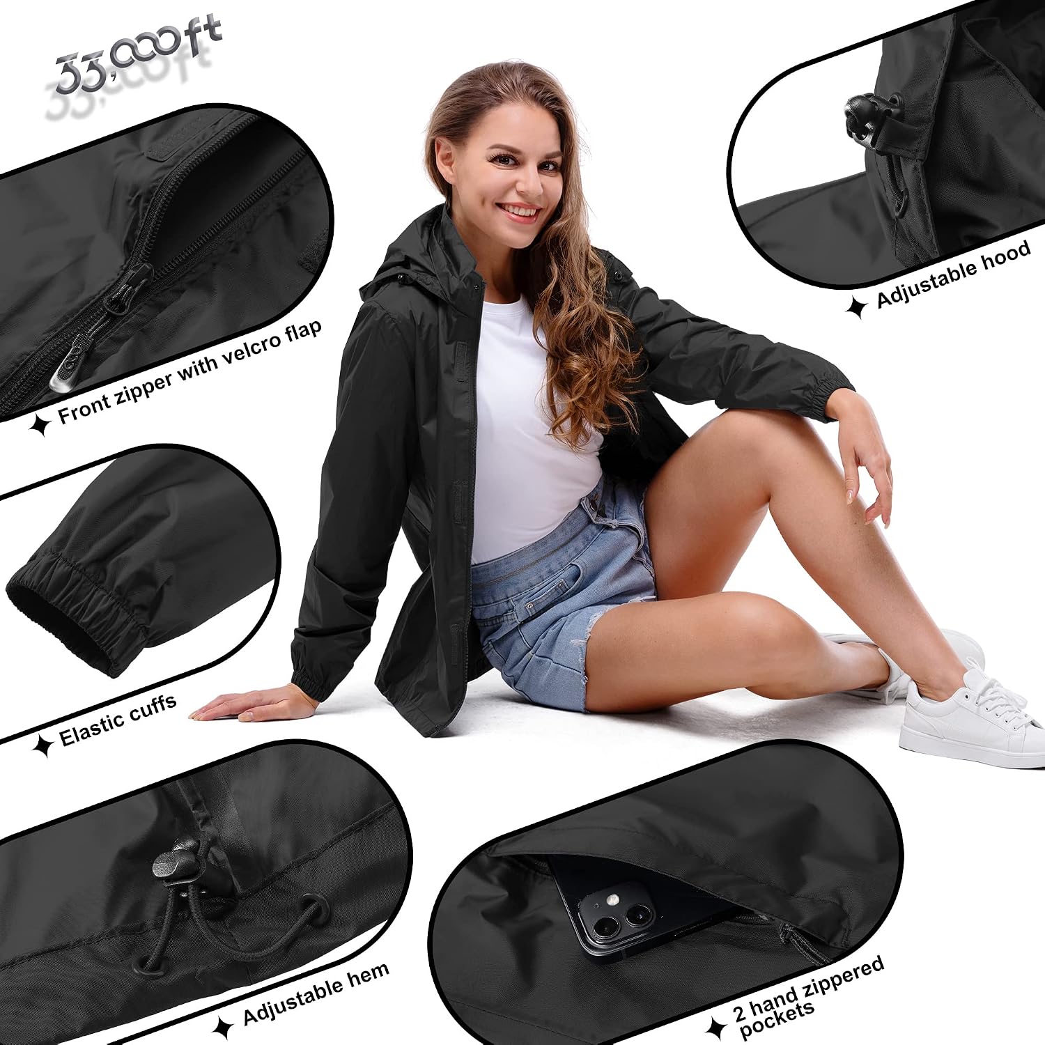 Thumbnail 4 de 33,000ft Damen wasserdichte faltbare Regenjacke mit Kapuze – leichte Windbreaker für Fahrrad & Outdoor