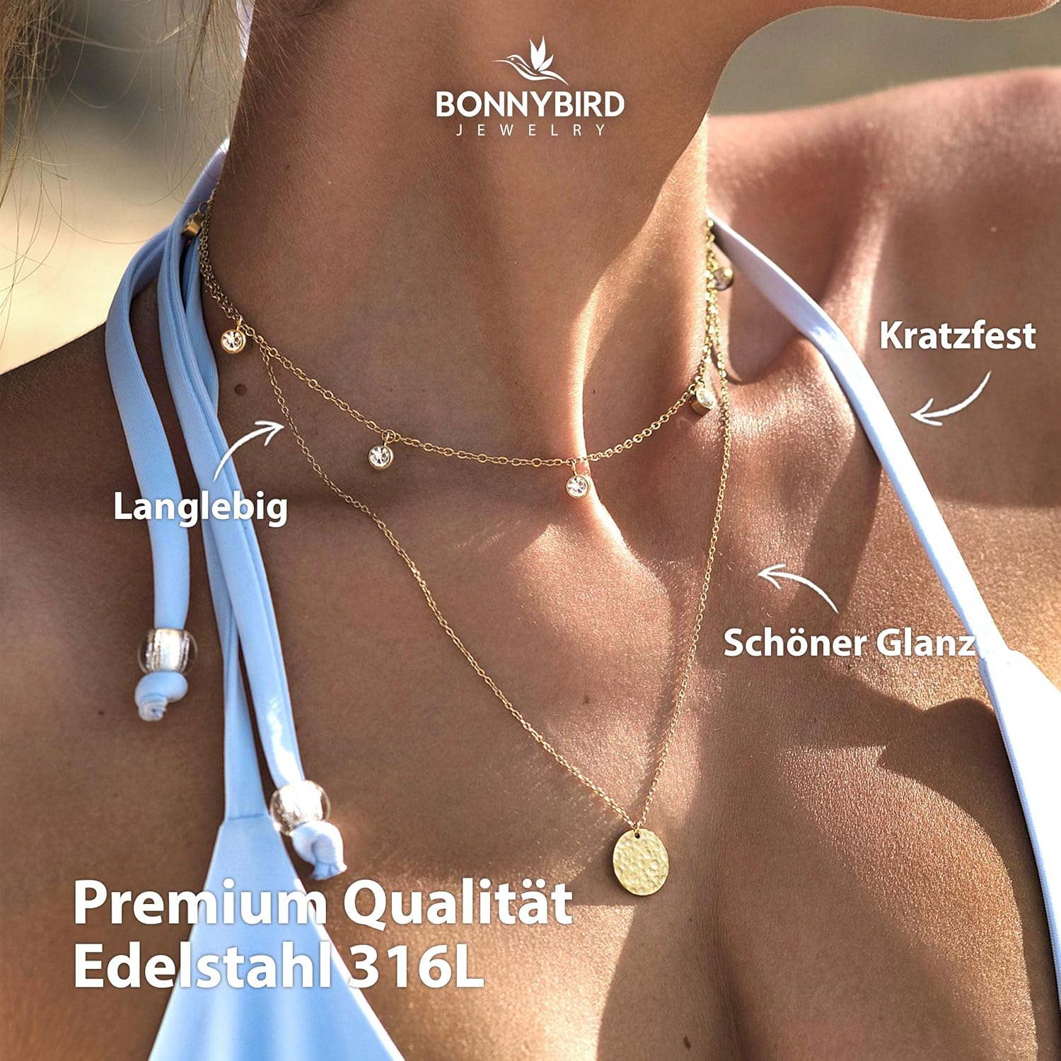 Thumbnail 1 de BONNYBIRD Wasserfeste Edelstahl Halskette für Damen mit 8 Zirkonia-Steinen (Silber, Gold & Roségold)