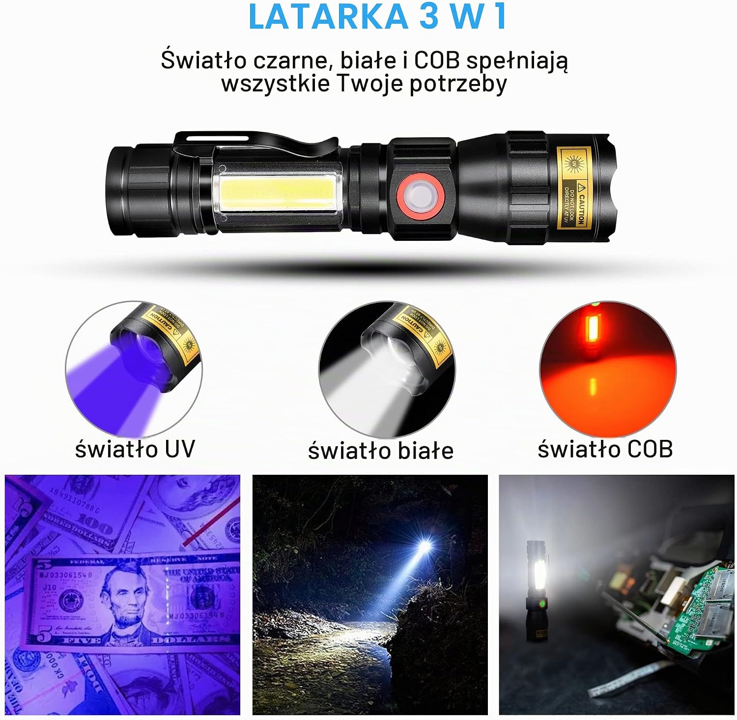 Detalle 2 de DARKBEAM A200 latarka 3 w 1: UV 365 nm, LED i COB, 7 trybów