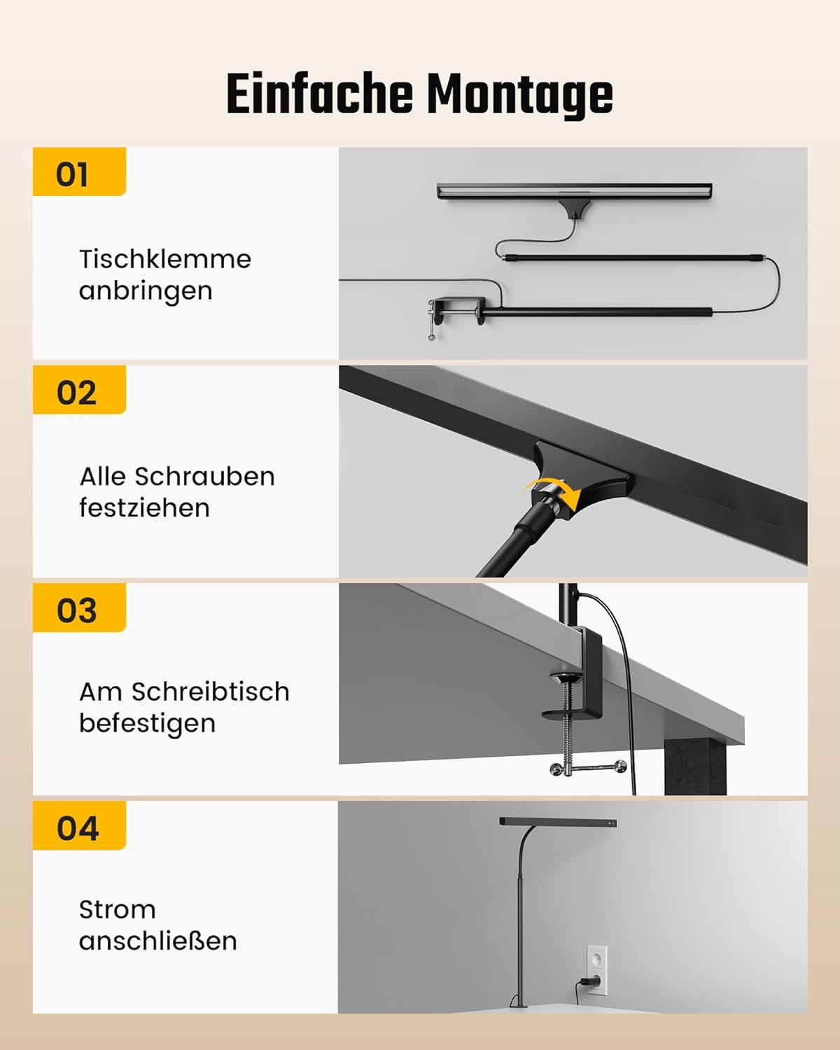 Detalle de RIXGLEAM LED-Schreibtischlampe dimmbar, klemmbar mit 45°-Streuwinkel und Schwanenhals für Homeoffice