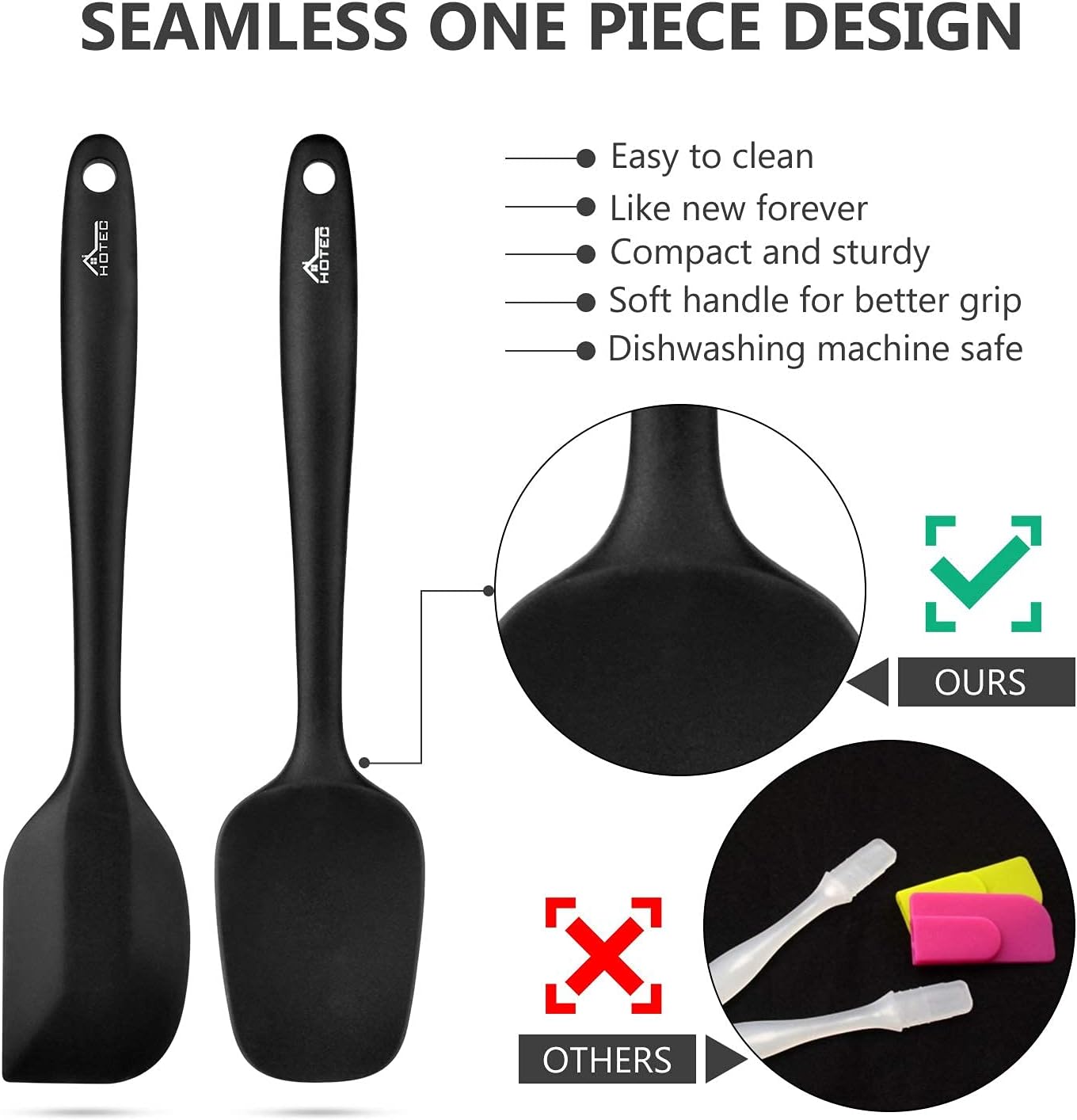 Detalle de HOTEC 5-teiliges Silikon-Spatel-Set für Küche, Backen & Mischen (hitzebeständig, antihaft) – schwarz