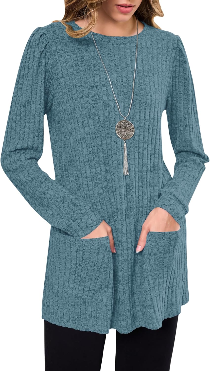 Detalle 2 de WNEEDU Women's Long-Sleeve Sweater Dress with Pockets and Vertical Stripes