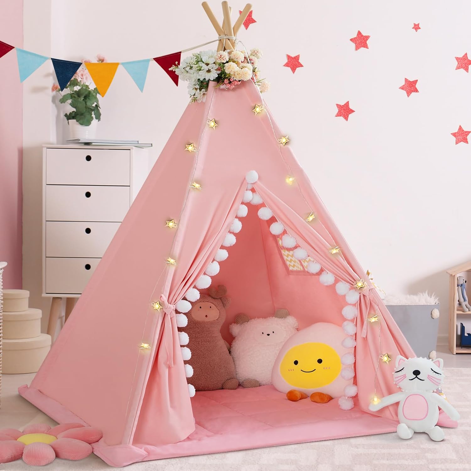 Thumbnail 6 de WIRHAO Kids Teepee Tent with Padded Mat, Cotton Canvas & Stars Lights (Pink)