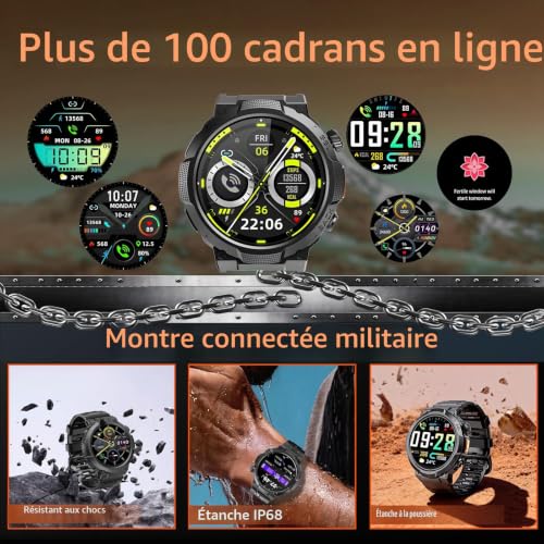 Detalle 2 de Soudorv Montre Connectée Homme avec LED Lampe — Militaire, 1000 mAh, Noir