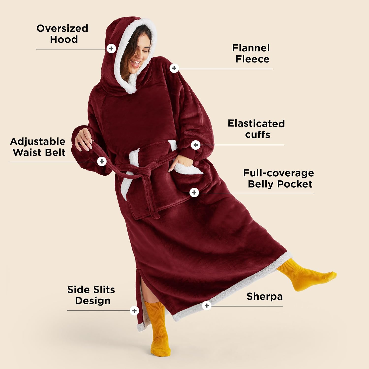 Detalle 2 de Bedsure Long Sherpa Wearable Blanket Hoodie, Oversized Burgundy