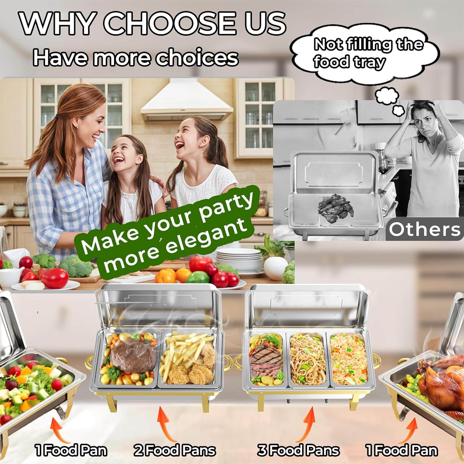 Detalle de 4 Pack 9QT Stainless Steel Chafing Dishes for Buffet – Gold & Silver Finish