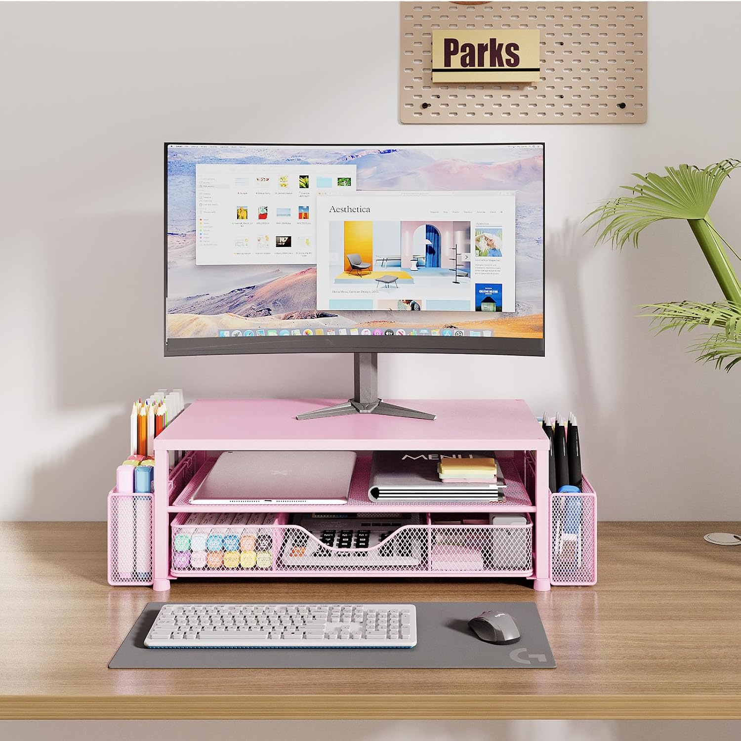 Thumbnail 1 de OPNICE 2-Tier Monitor Stand with Drawer and Pen Holders, Pink