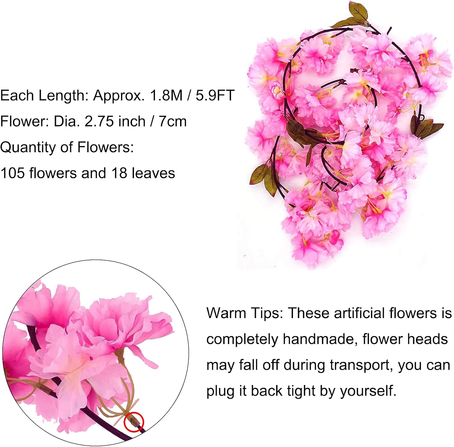 Detalle de 2 Pack 5.9ft Artificial Cherry Blossom Garland – Silk Floral Vines for Home, Wedding and Events