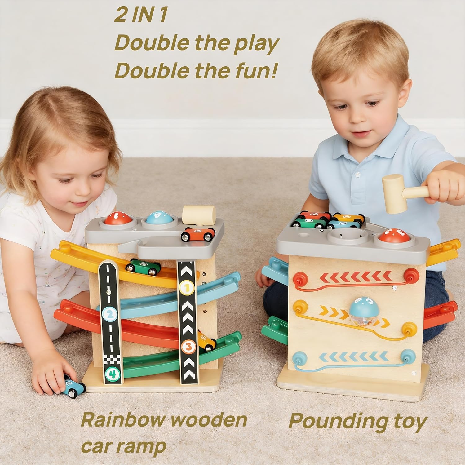 Detalle de Itainq I00002 2-in-1 Wooden Pounding Toy and Car Ramp