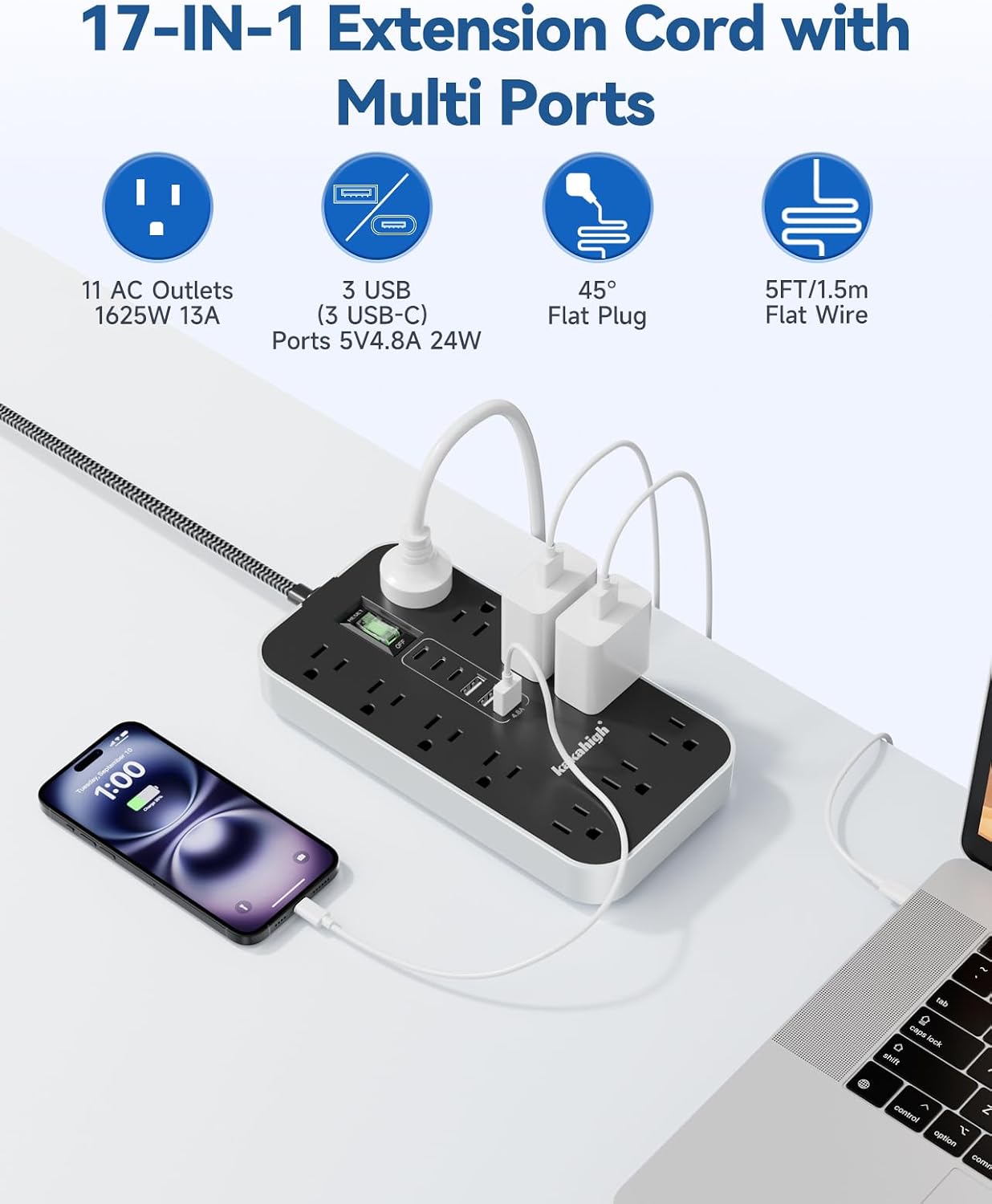 Detalle de kakahigh 808 Power Strip Surge Protector, 11 AC Outlets, 6 USB Ports
