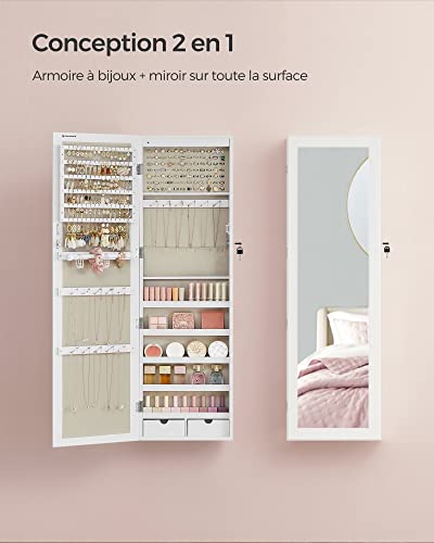Thumbnail 3 de SONGMICS Armoire à Bijoux JJC093W01 – Rangement mural avec miroir, verouillable, blanc et doublure grège