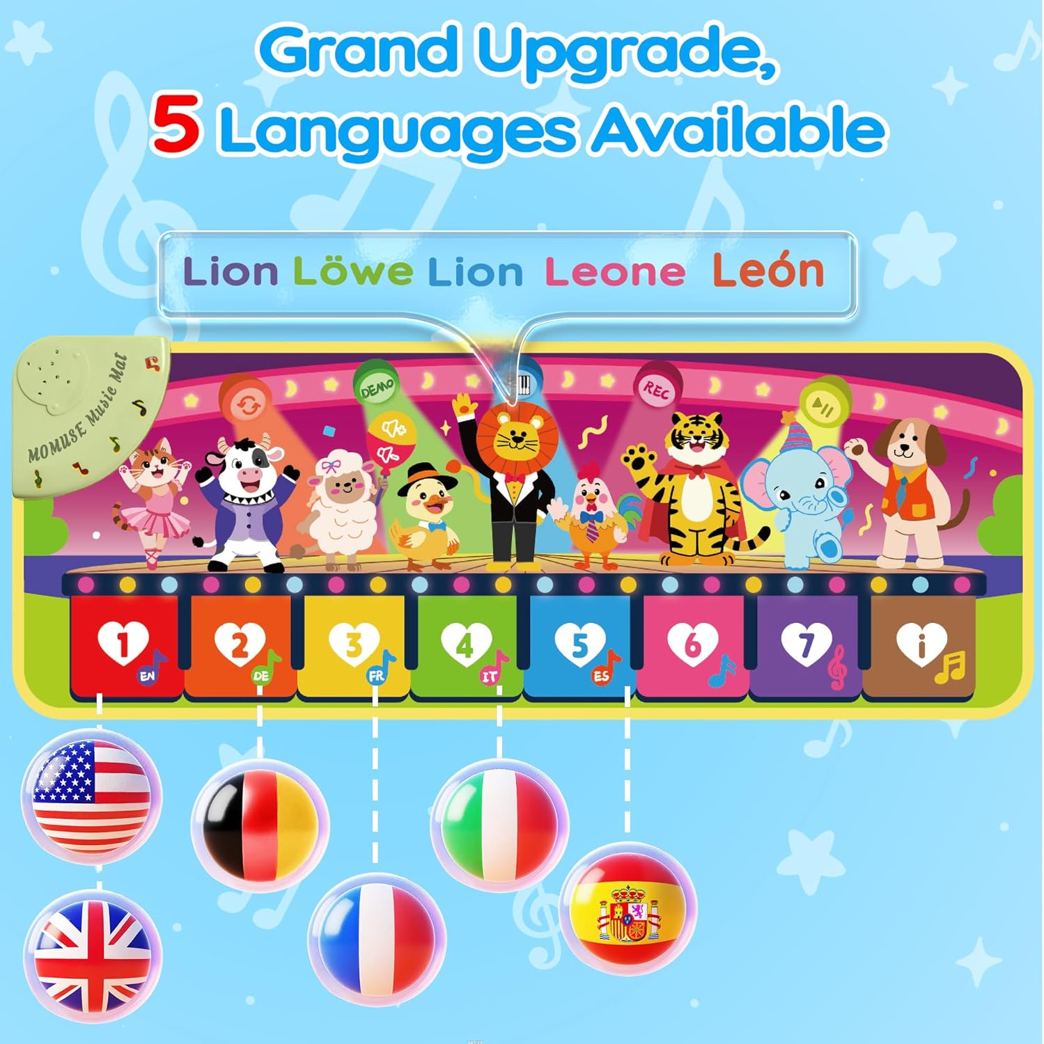 Thumbnail 2 de MOMUSE 5-Language Piano Music Mat for toddlers (EN/DE/FR/IT/ES) with animal sounds and recording
