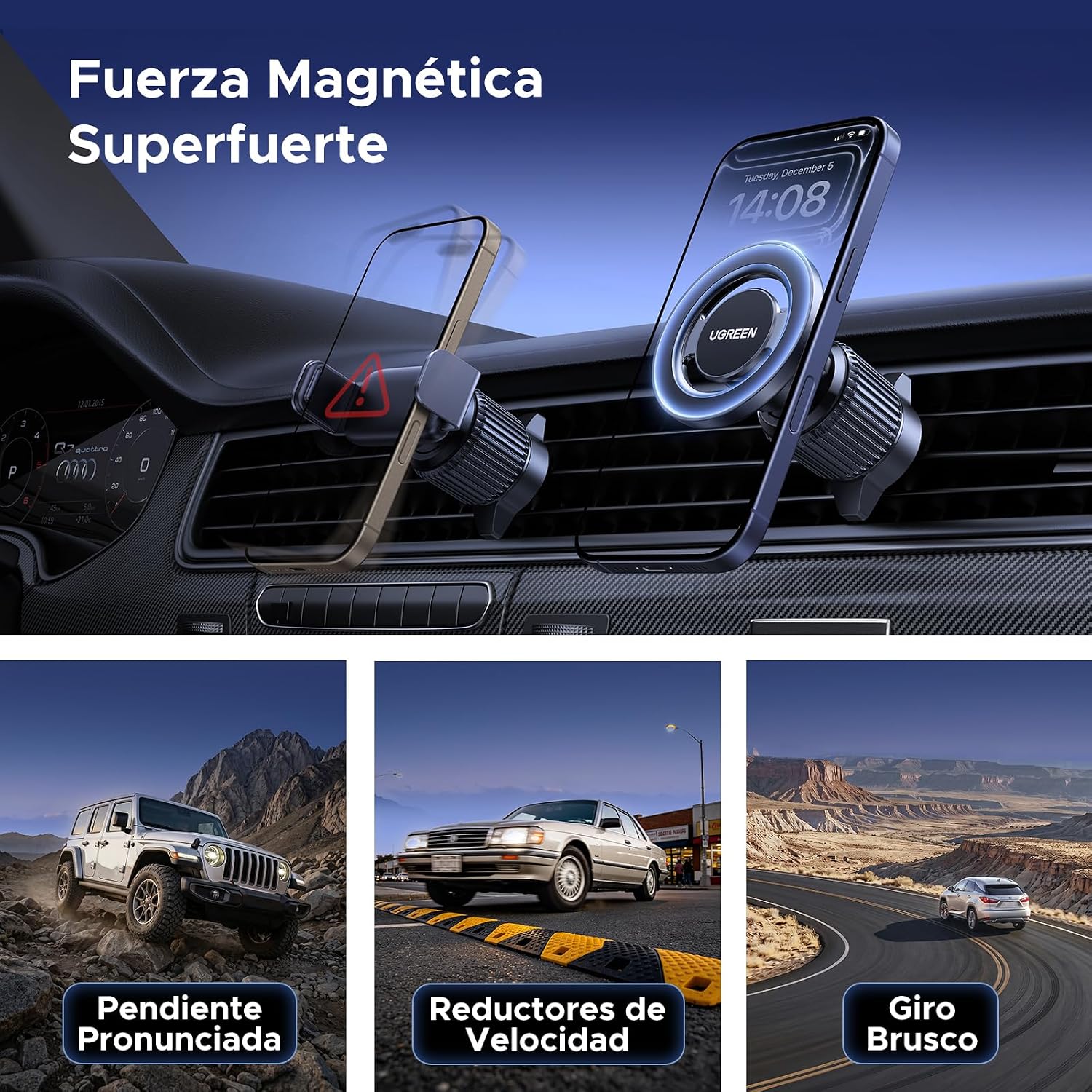 Detalle 2 de UGREEN Soporte Móvil Coche MagSafe 360° Rotación – Ventilación de coche con imanes fuertes y gancho metálico