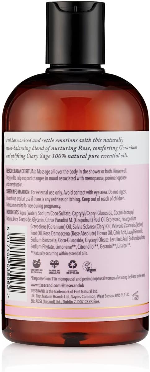 Detalle 2 de Tisserand Restore Balance Bath & Shower Wash for Perimenopause, Menopause & Menstruation – Rose, Clary Sage & Geranium (400ml)