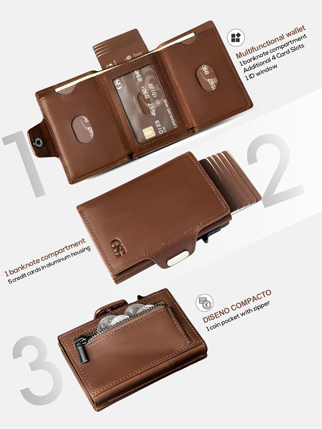 Detalle de GSG SINCE 1998 Men's Leather Wallet with RFID Blocking, Pop Up Card Holder and Coin Pocket