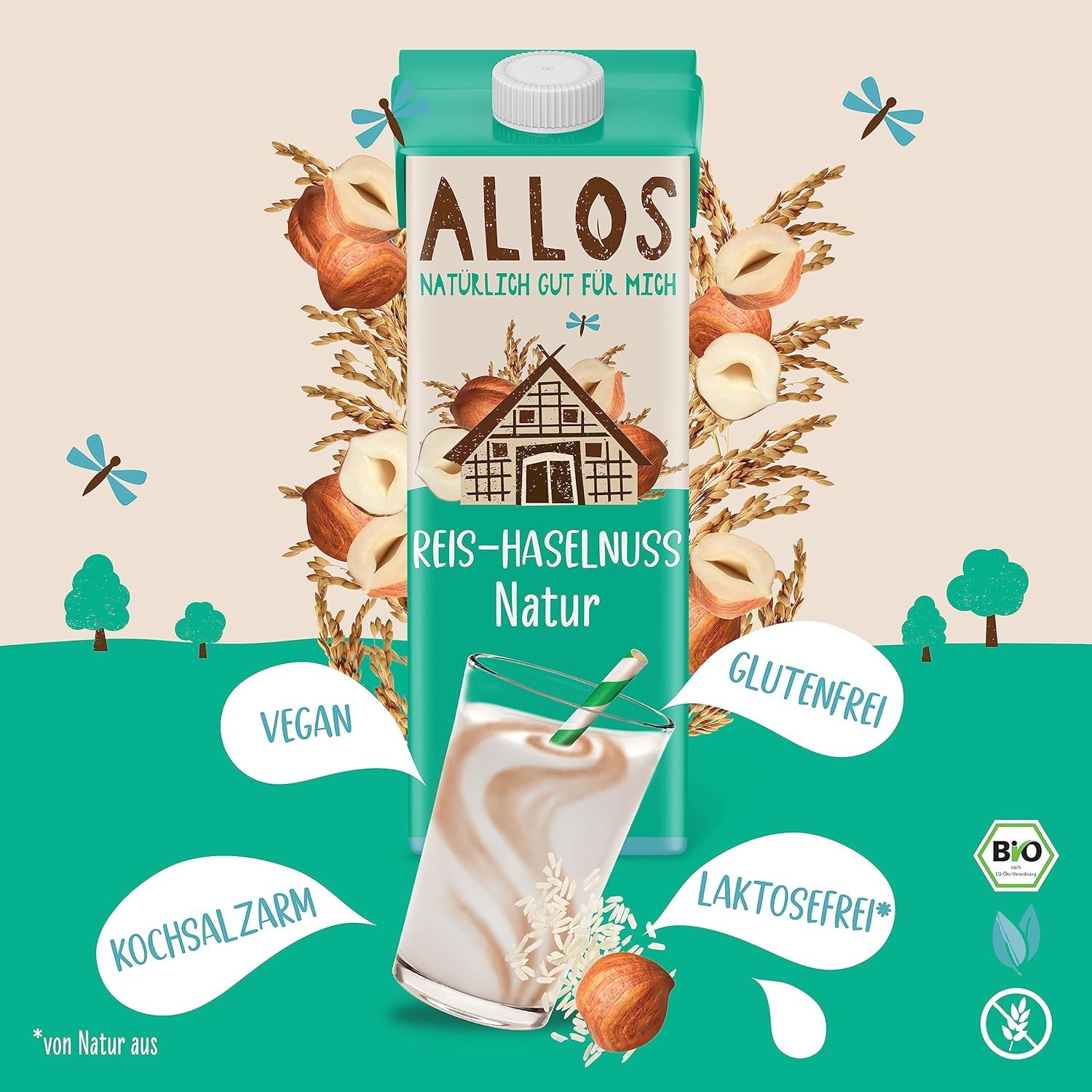 Detalle de Allos Reis Haselnuss Drink – Pflanzliche Milchalternative, vegan und laktosefrei (1 L, 6er-Pack)