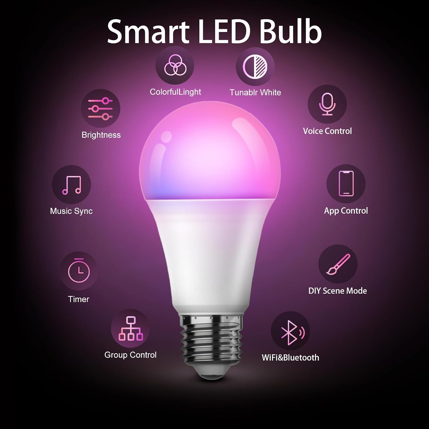 Detalle de Tenmiro H6001 Smart A19 LED Bulbs, 9W, 800 lm, Multicolour, E26