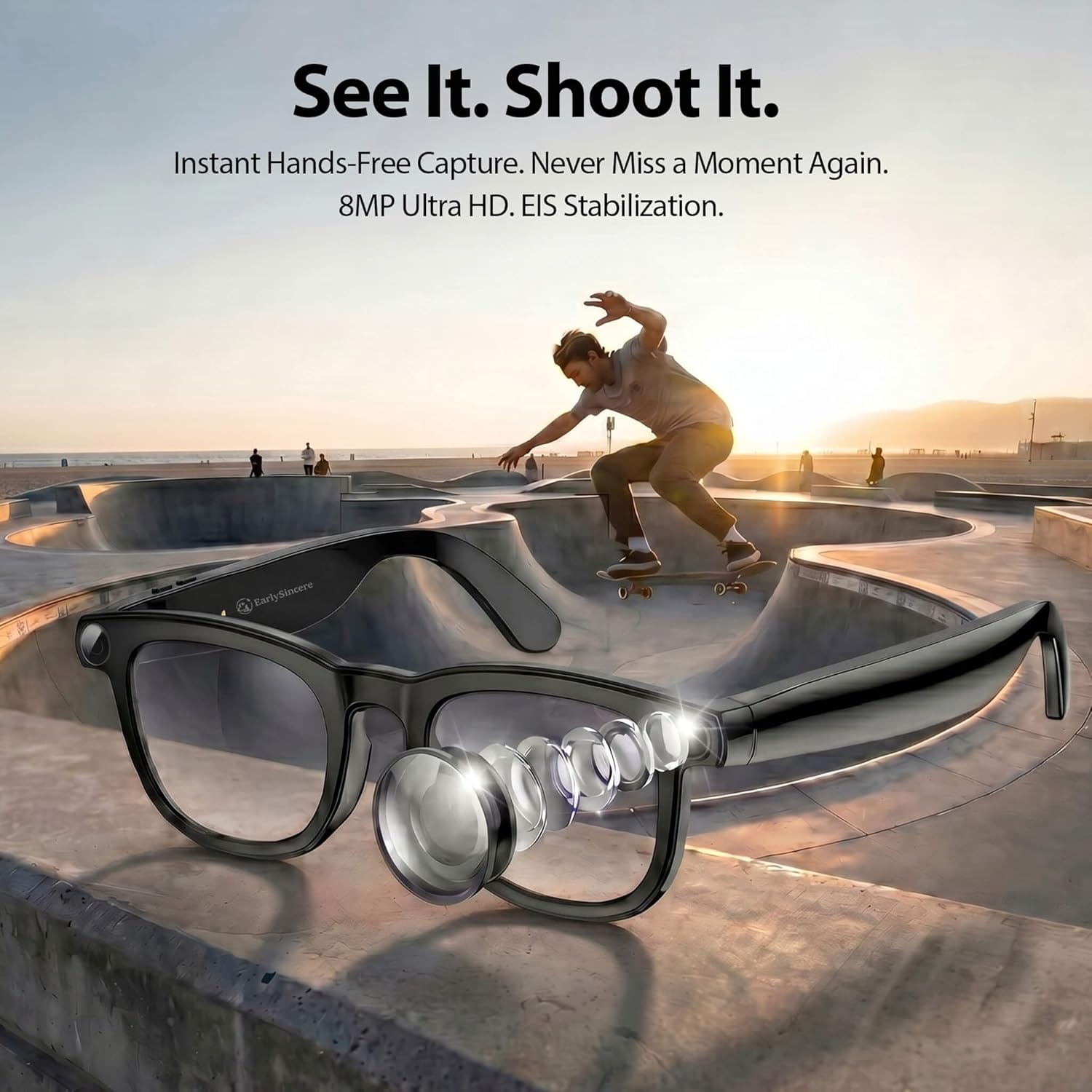 Thumbnail 3 de EarlySincere Smart Glasses with 8MP 4K POV Camera, Bluetooth Audio, and AI Assistant