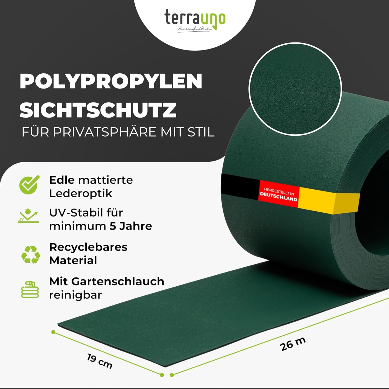 Thumbnail 2 de TerraUno Nachhaltige Sichtschutzstreifen für Doppelstabmatten – Polypropylen, RAL 6005 Grün, 26 m x 19 cm (Rolle), extra stabil