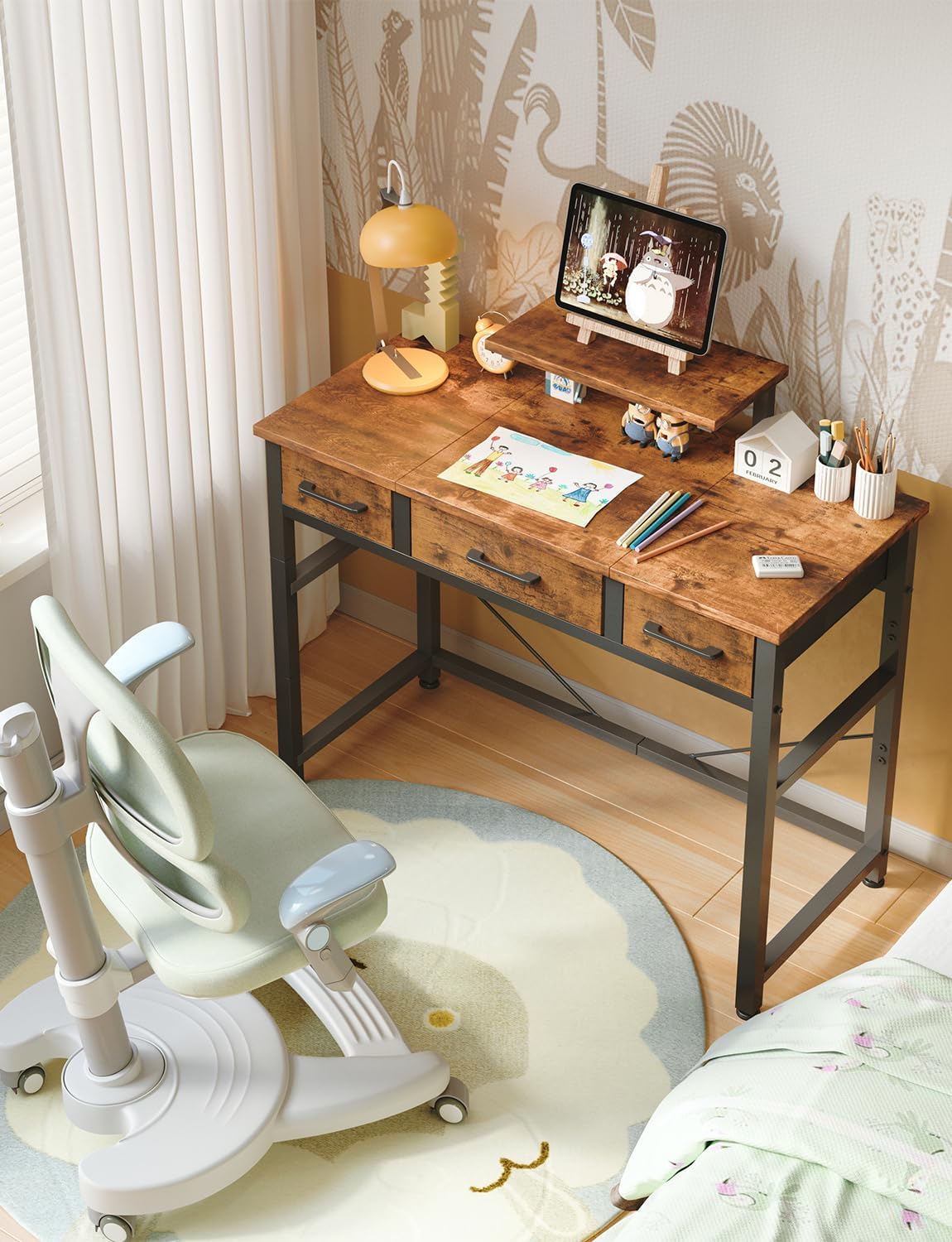 Thumbnail 3 de KitMent Small Desk with 3 Fabric Drawers, 76x36cm – Compact Study/Vanity Desk with Adjustable Monitor Stand