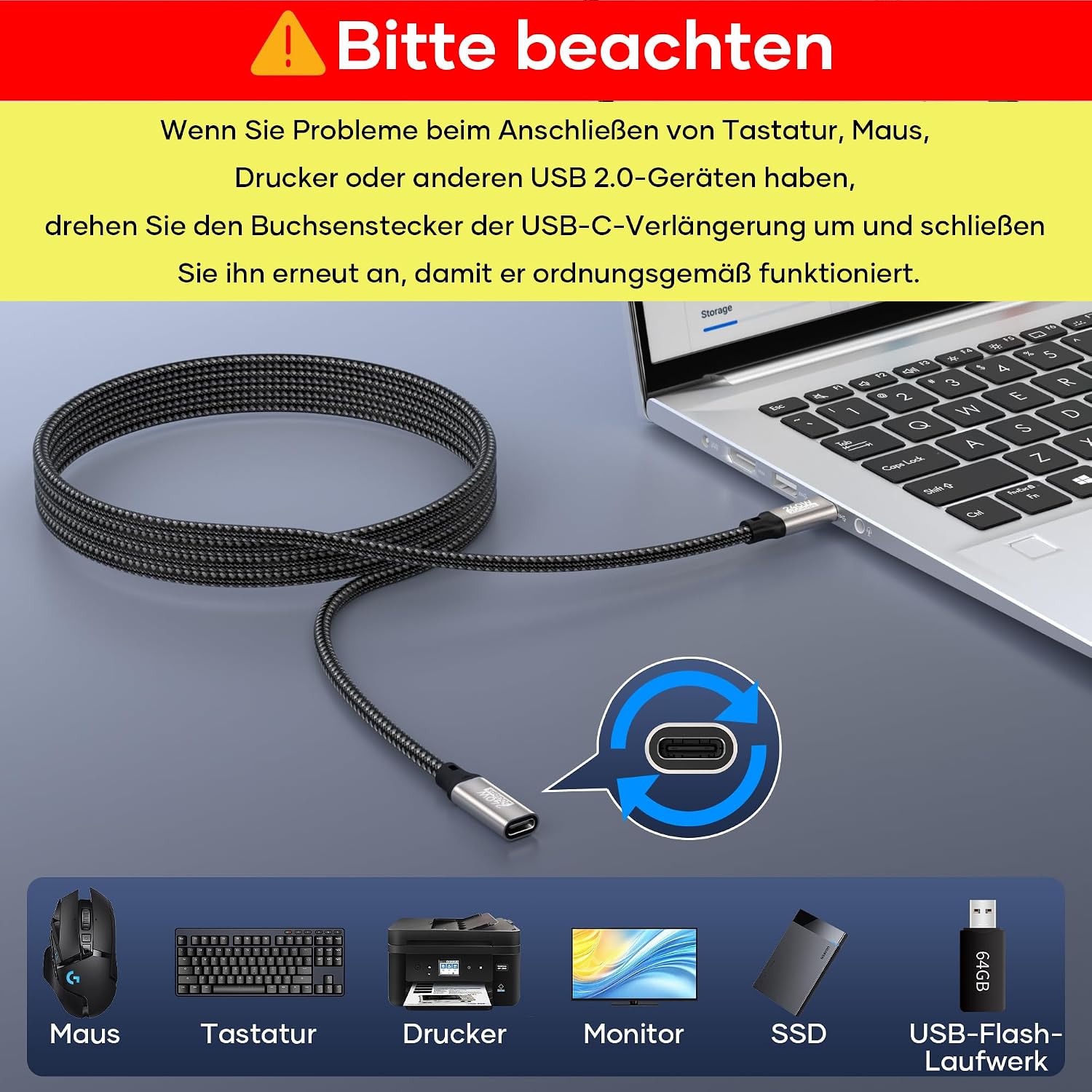 Thumbnail 5 de USB-C-Verlängerungskabel 2 m (USB 3.2 Gen 2, 20 Gbit/s) mit bis zu 240 W Laden und Video bis 5K@60 Hz / 4K@144 Hz