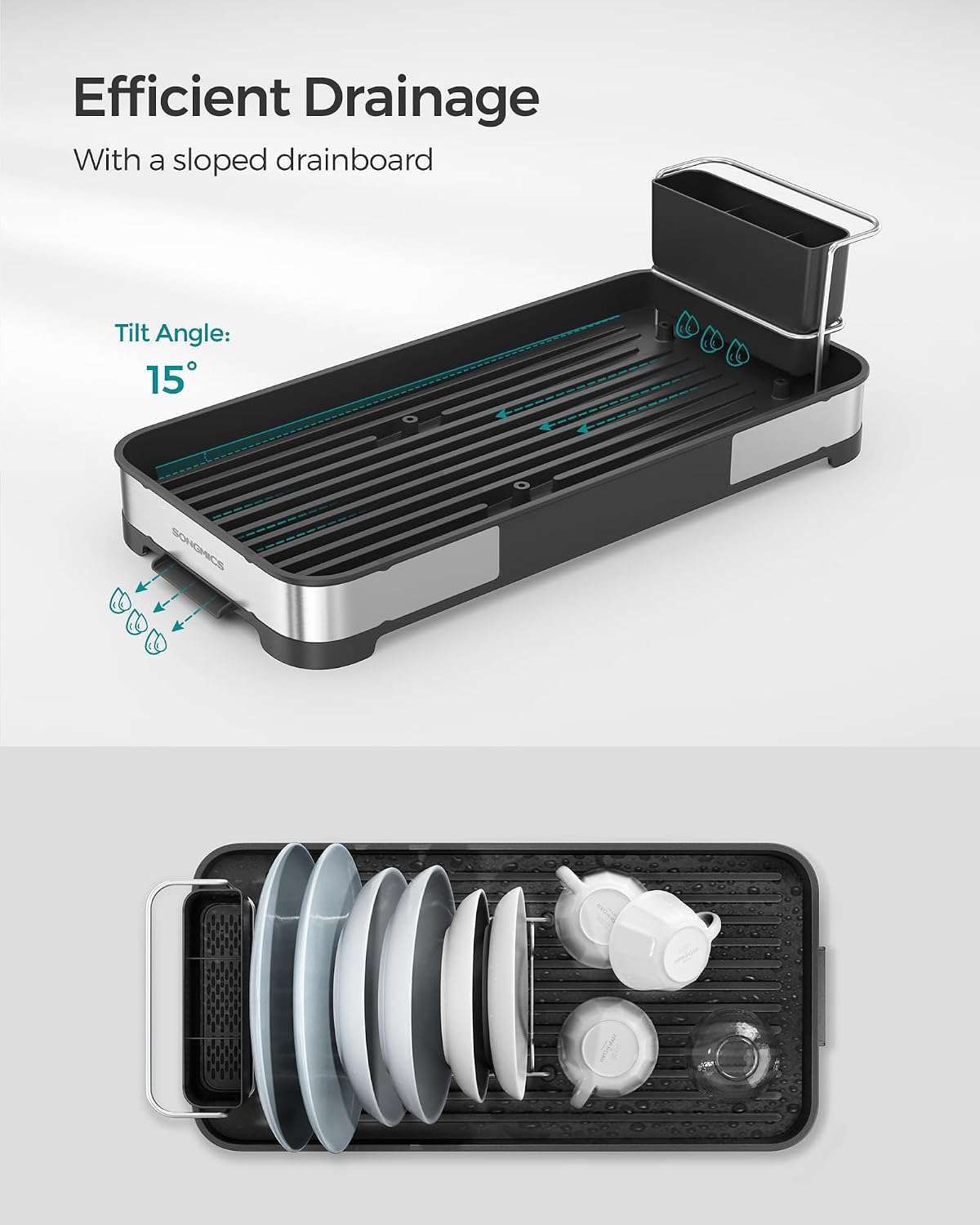 Detalle 2 de SONGMICS KCS034B01 Small Dish Drainer in Stainless Steel, with Drip Tray