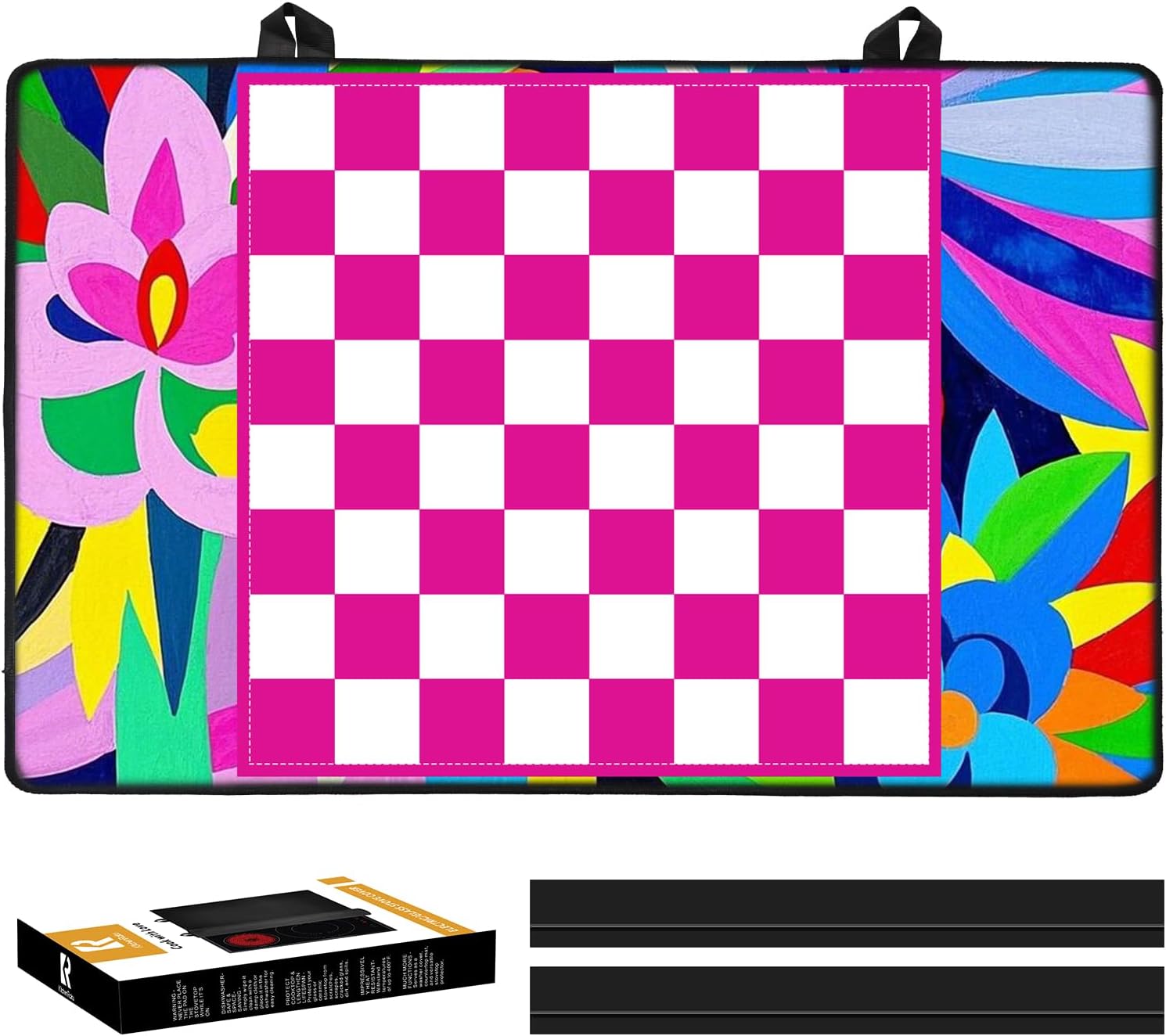 Detalle de KitchenRaku Stove Cover, 52x78 cm Silicone Cooktop Protector, Checkered & Floral