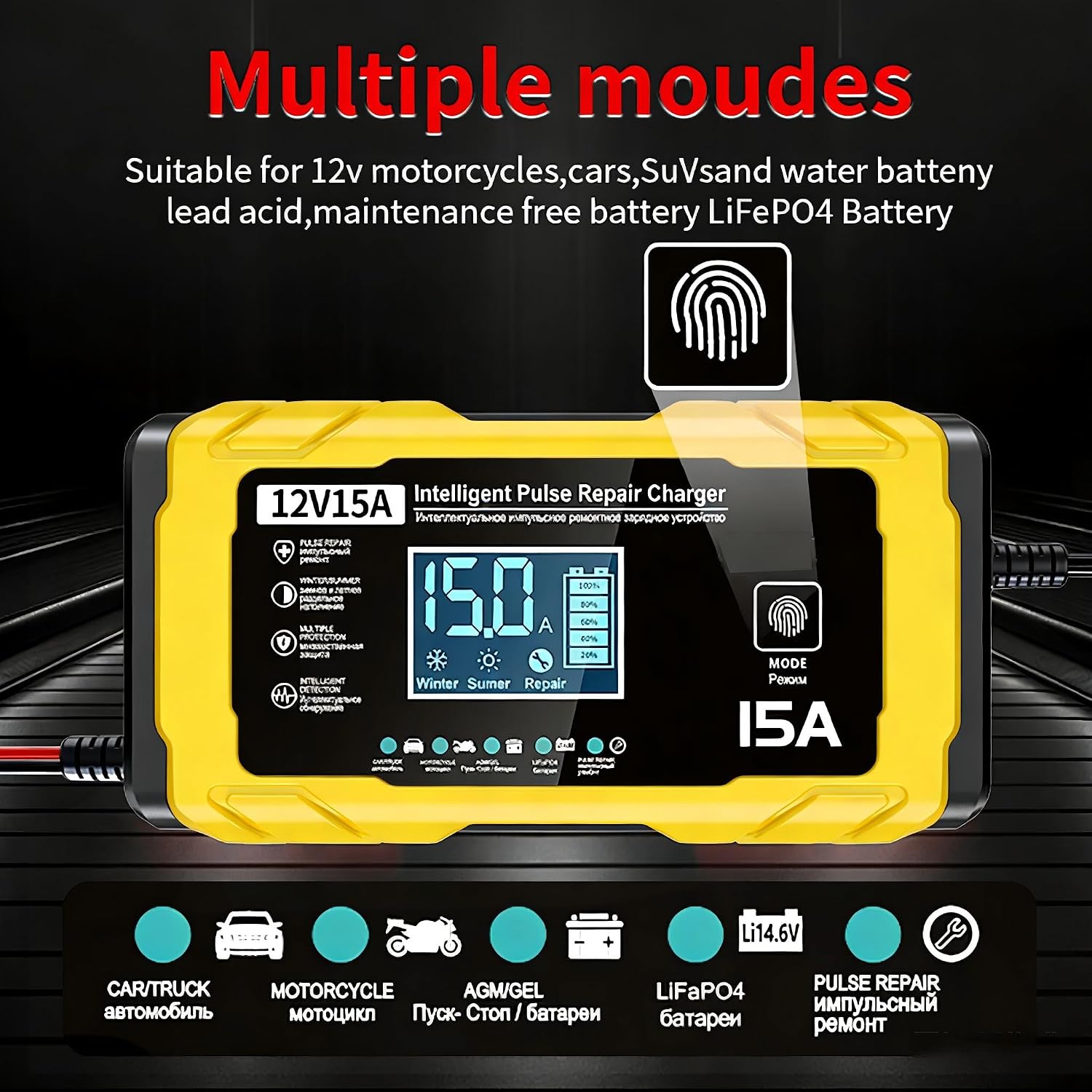 Detalle de AILRINNI 15A Chargeur de Batterie Voiture – 12V 15A, Intelligent et Automatique