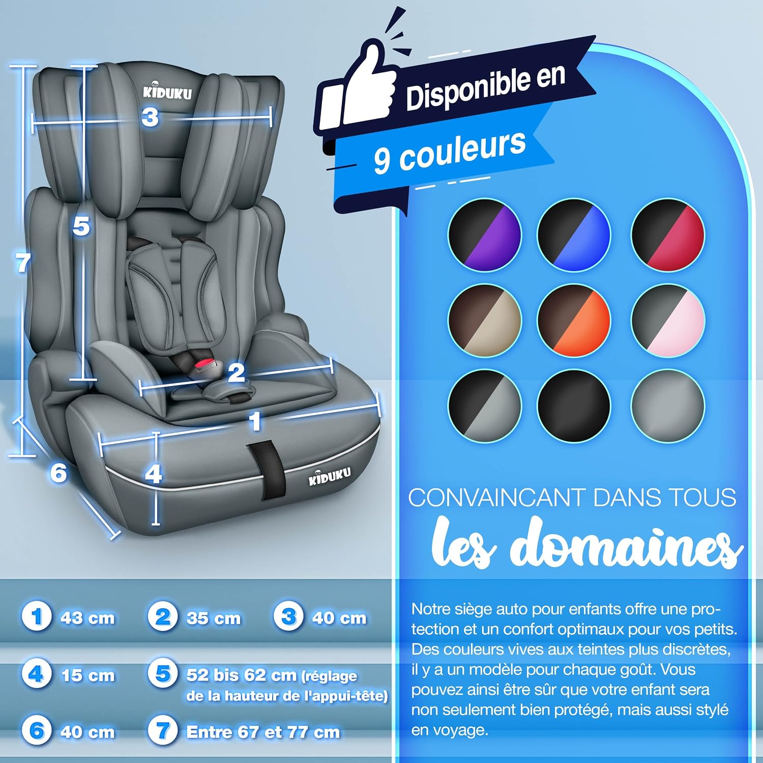 Detalle de KIDUKU Siège auto évolutif pour enfants 9–36 kg (Groupe 1/2/3) — Protection et confort