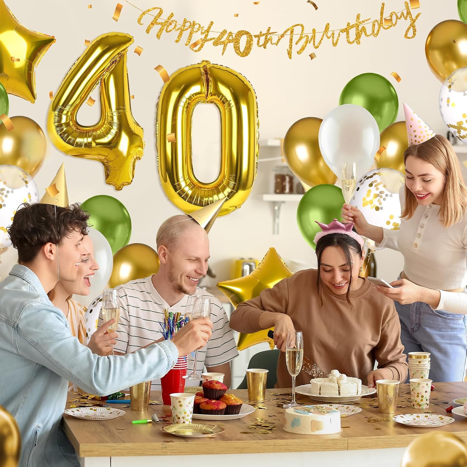 Detalle 2 de Kit déco ballons anniversaire 40 ans MIEWAA : bannière Happy Birthday + ballon chiffre 40 + étoiles foil et ballons latex