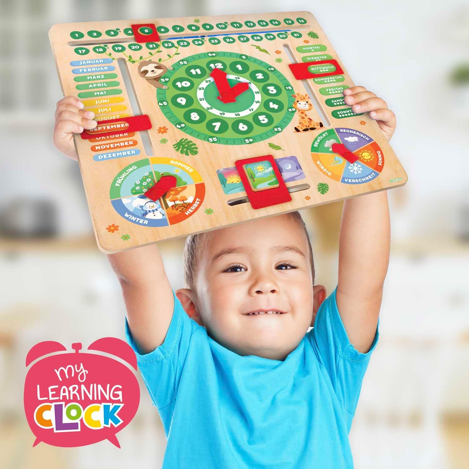 Detalle de CRAZE My Learning Clock Animals – Lernuhr aus Holz, grün, Lernhilfe für Kinder inkl. abnehmbarem Ständer