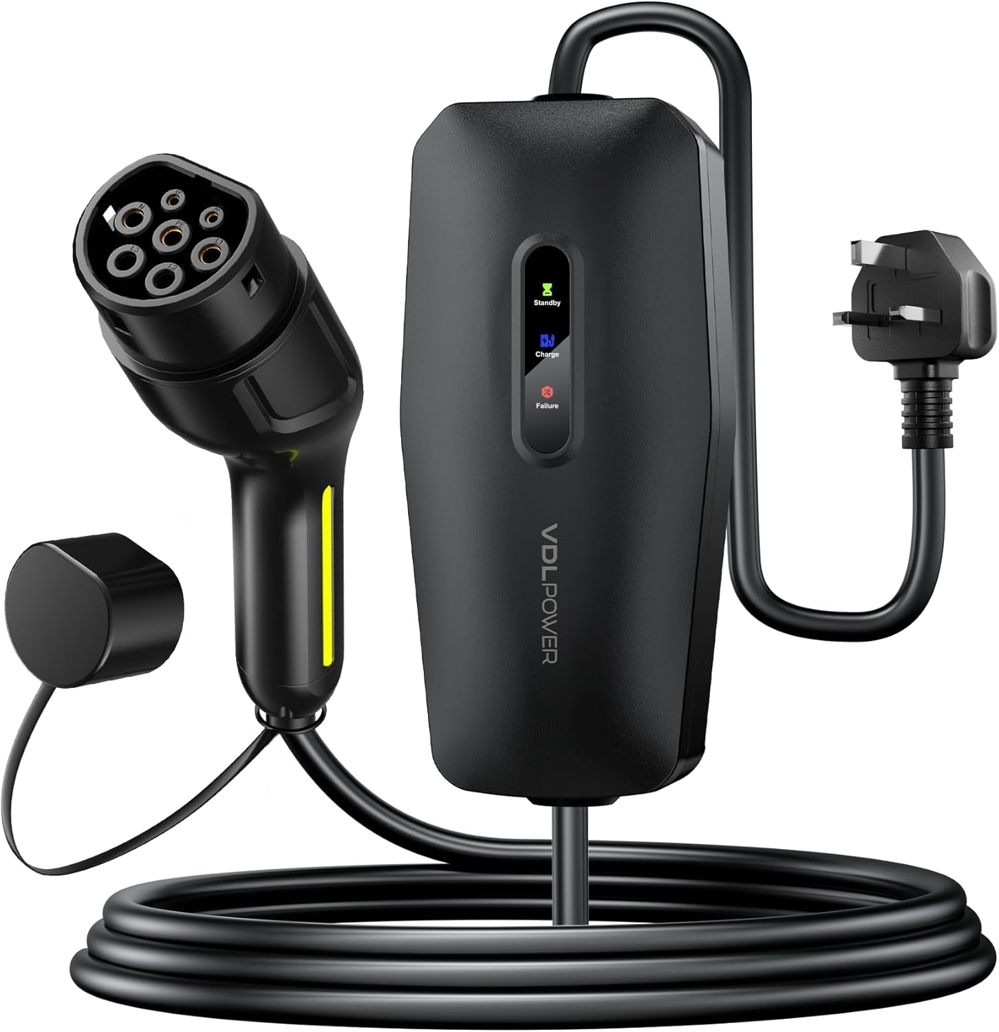 Detalle de VDLPOWERVP EV Charger 3kW Type 2 to 3 Pin Plug — 8m Portable EV Charger for UK