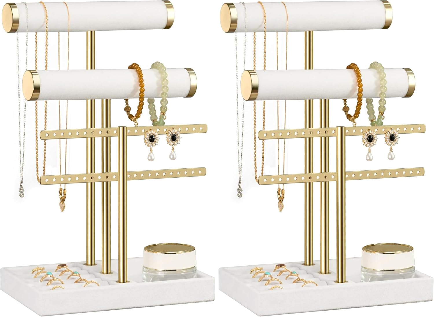 Detalle de Josmimic Schmuck Organizer mit 3 Ebenen in Beige – samtiger Armbandständer mit abnehmbarem T-Steg