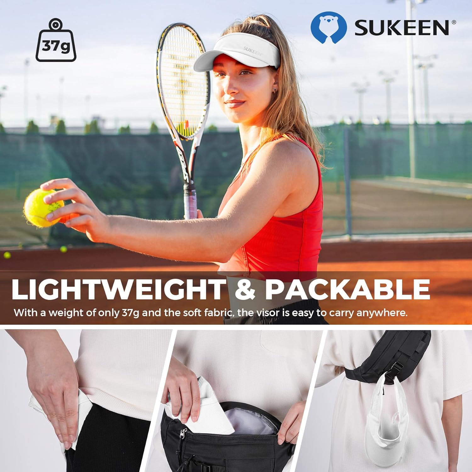 Detalle de Sukeen Sports Sun Visor: Lightweight, Packable UV Protection for Running, Tennis, Golf