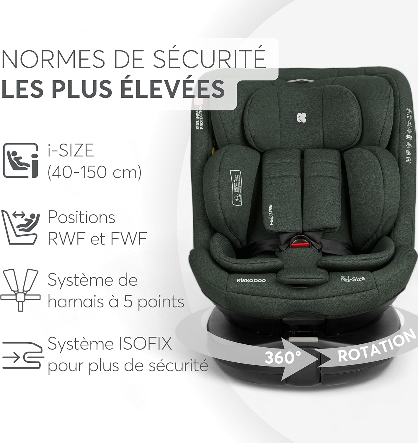 Thumbnail 6 de KikkaBoo Siège Auto Bébé 0 à 36 kg i-SECURE, i-Size ISOFIX, Pivotant 360°, Vert Armée