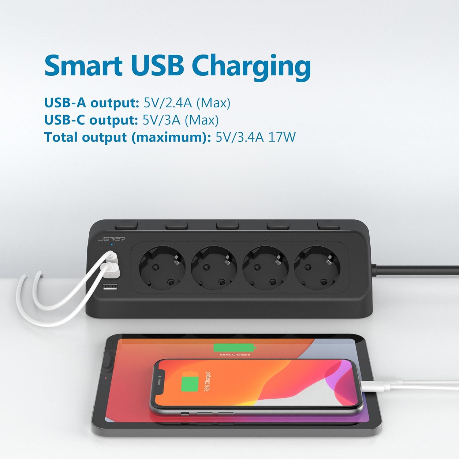 Thumbnail 2 de JSVER Desktop-Steckdosenleiste mit USB‑C-Ecksteckdose, 4-fach (2× Type‑C, 2× USB‑A) und Einzelschaltern